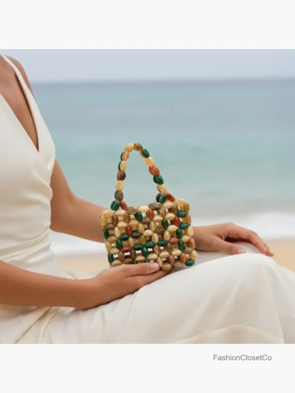 Handmade Beaded Tote Bag, Acrylic Boho Hobo Purse for Beach Party